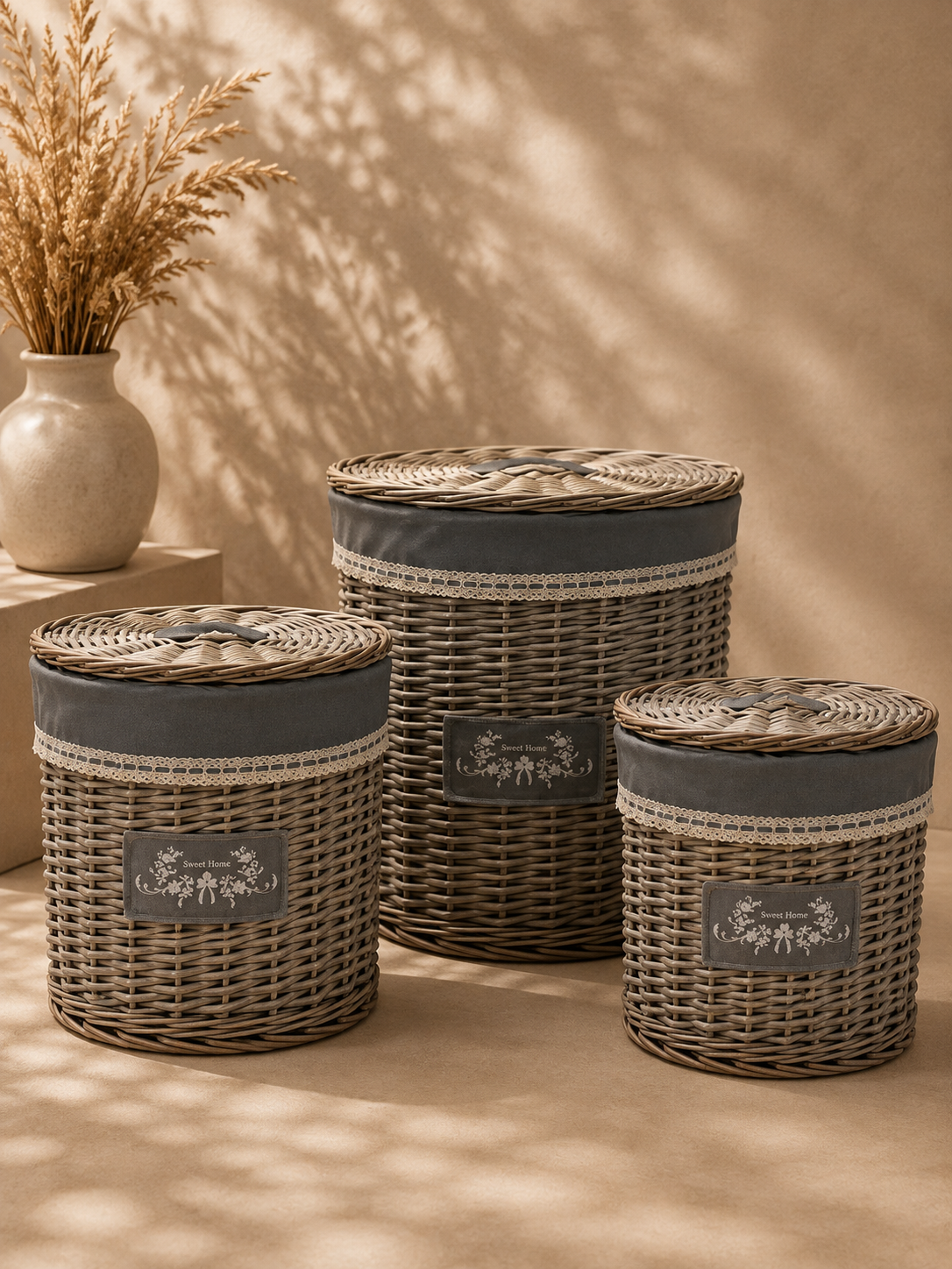 Basket Grey Woven Set With Labels