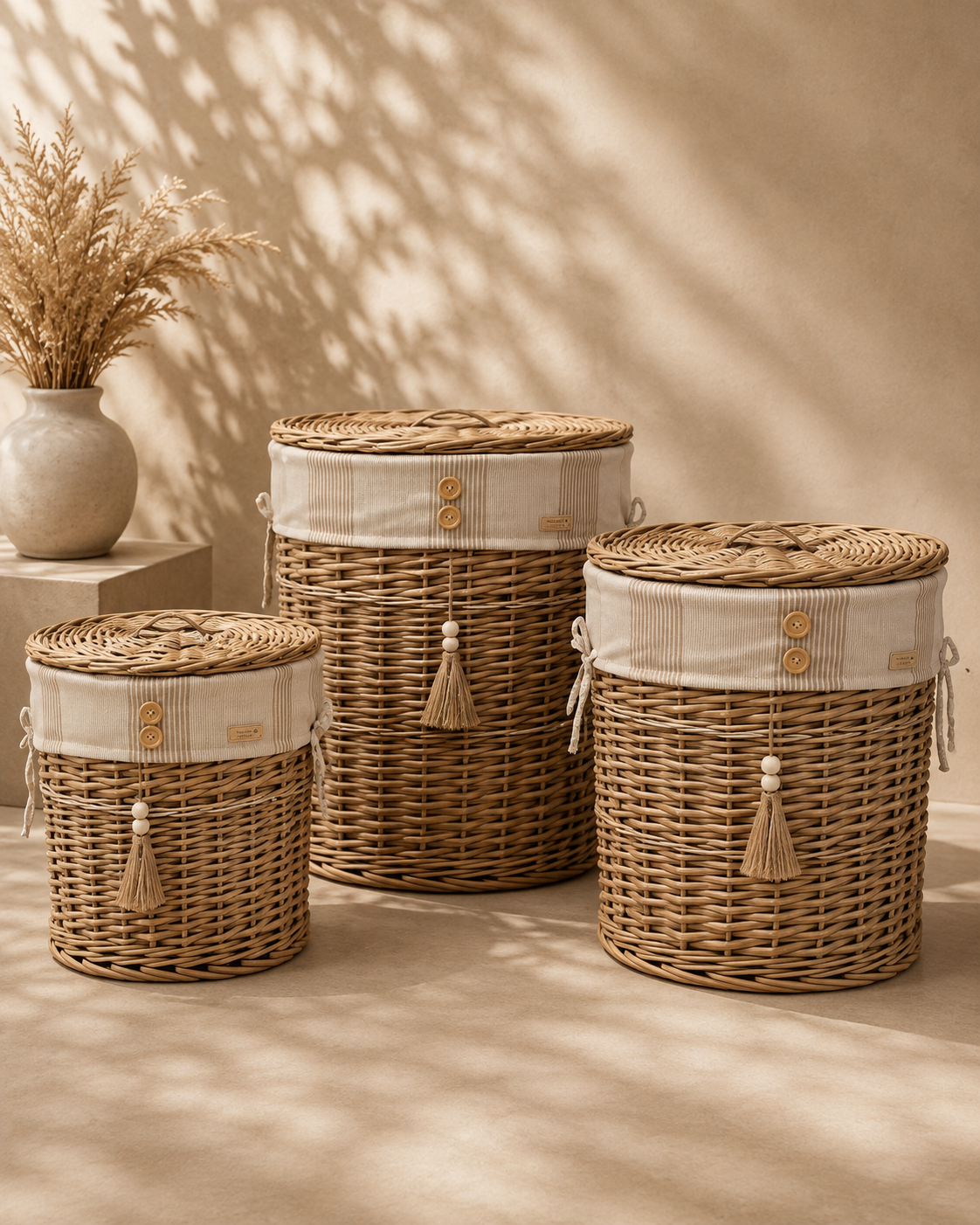 Basket Natural Tan Woven Set With Tassels