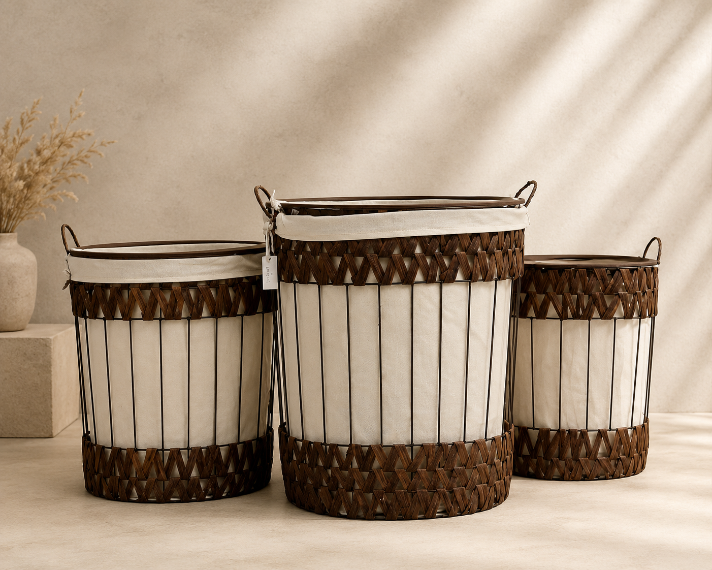 Basket White Brown Woven Set Tassels